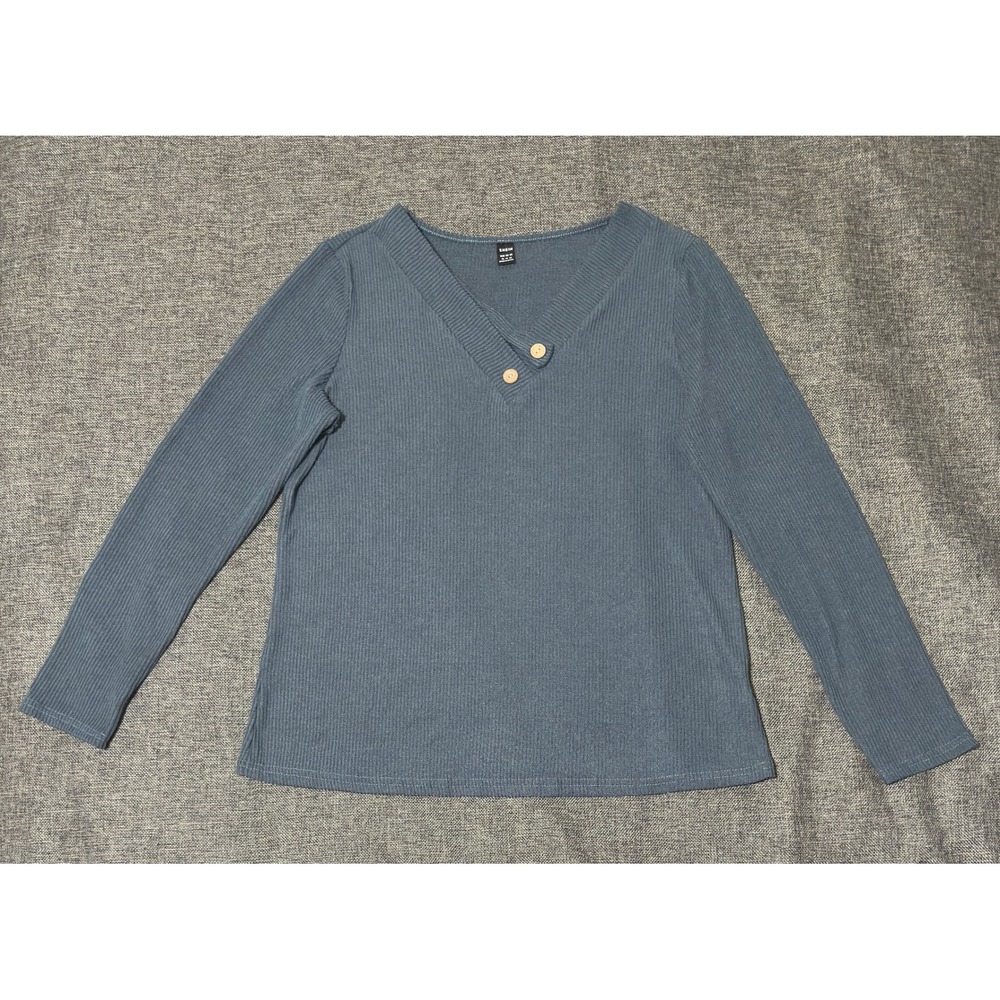 SHEIN Womens XL Top Blue Ribbed Long Sleeve V-Neck Button Detail
